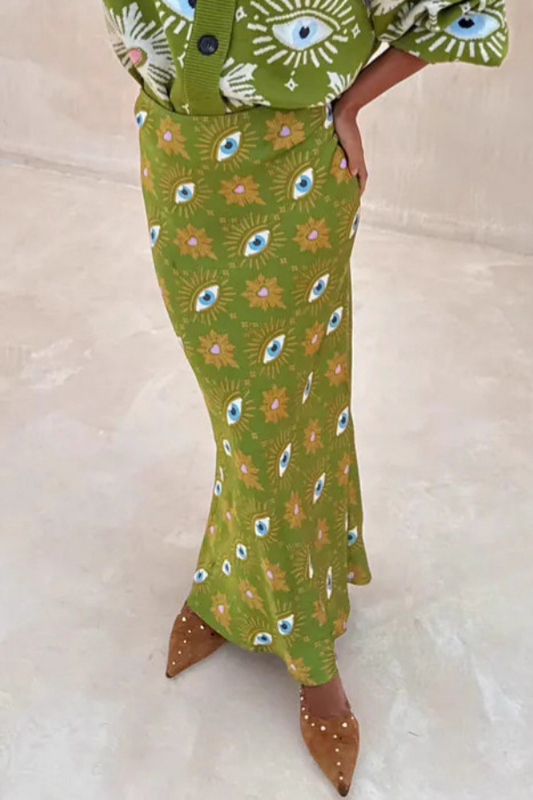 Green Abstract Eye Pattern Cardigan Women Coat & Skirt