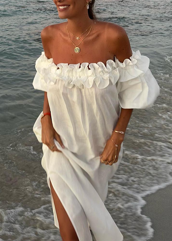 Robe asymétrique en dentelle à manches bouffantes pour femme
