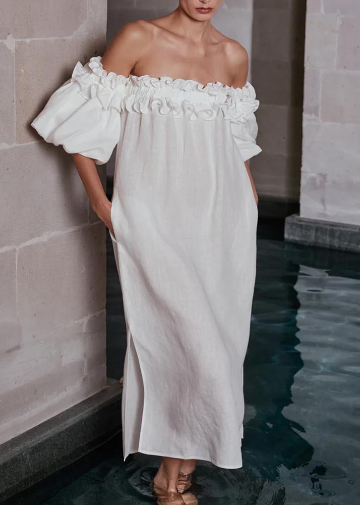 Robe asymétrique en dentelle à manches bouffantes pour femme
