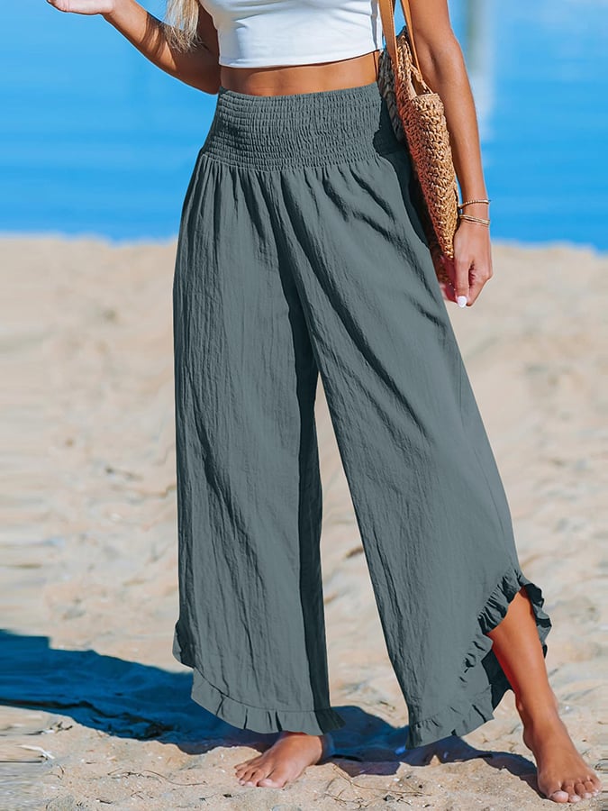 Pantalon décontracté ample en coton et lin à ourlet irrégulier plissé à taille haute pour femme