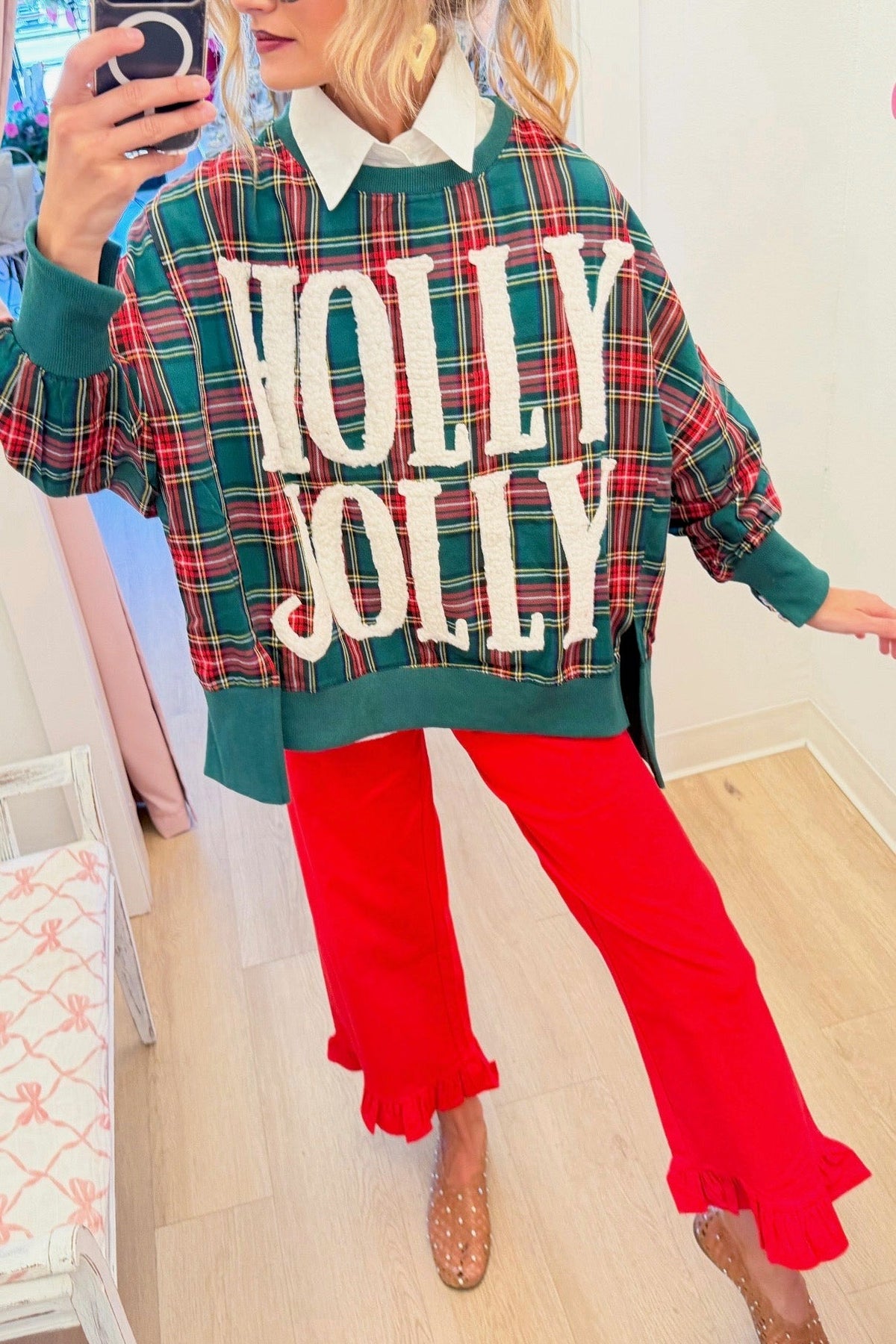 Green Plaid Holly Jolly Oversized Sweatshirt