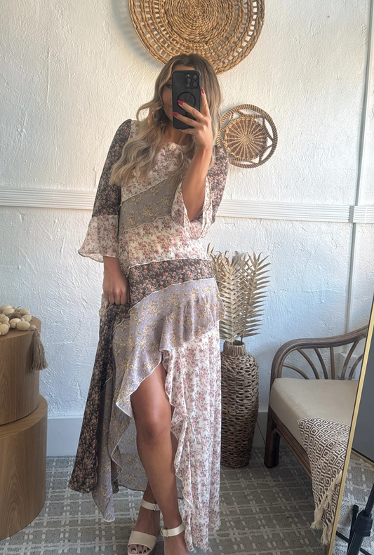 Floral Print 3/4 Sleeve Panel Maxi Dress