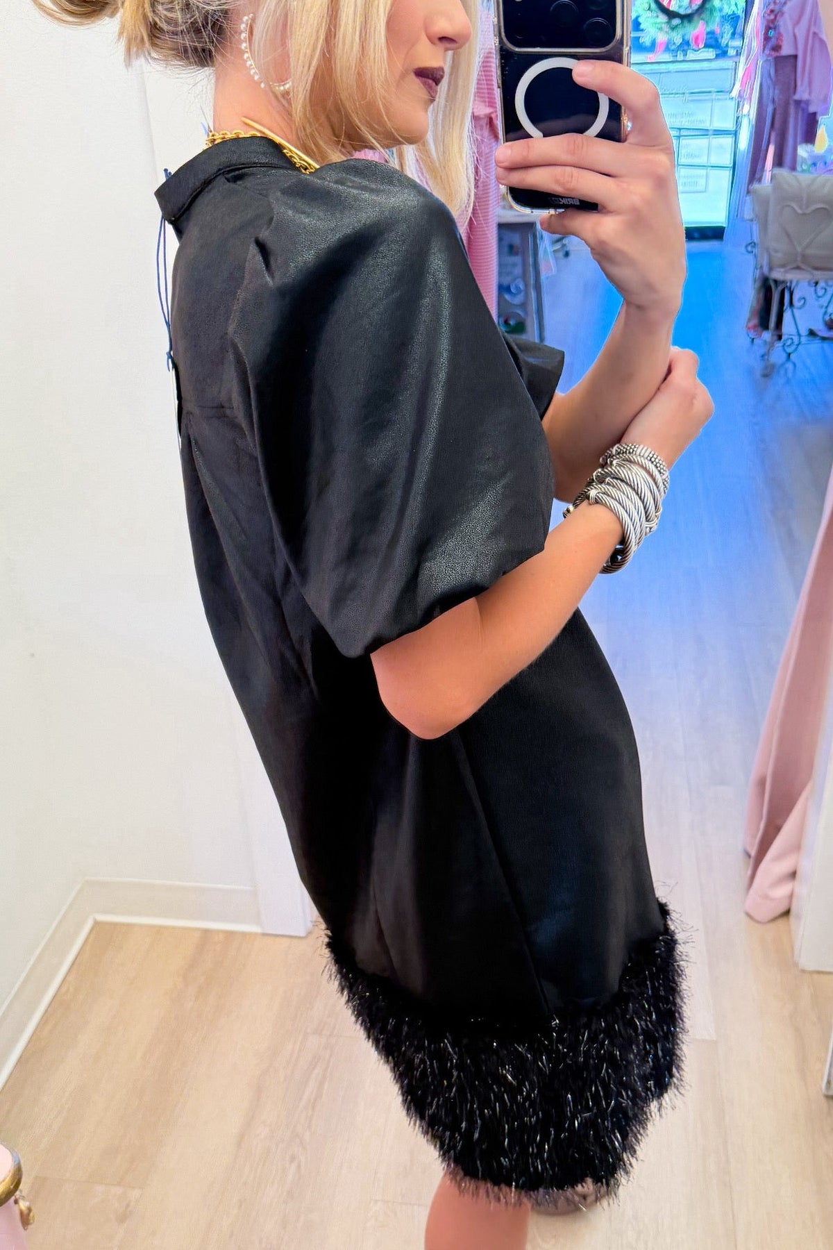 Black Faux Leather Feather Fringe Dress