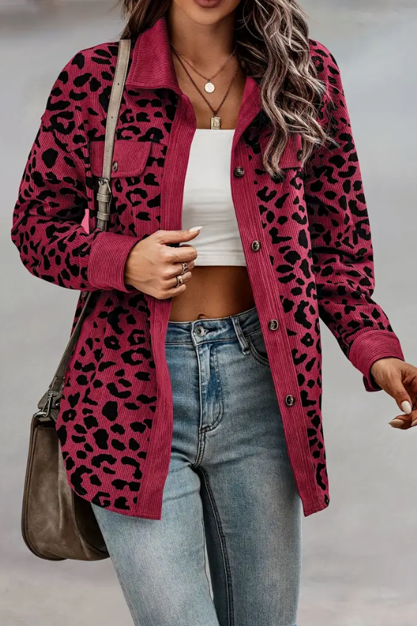 Long Sleeve Leopard Print Top with Contrasting Wavy Trim in Leopard