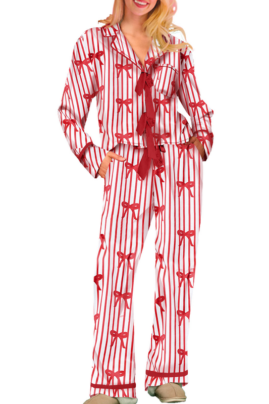 Fashionable Christmas Holiday Lapel Neck Bow Neck Women Pajams Set