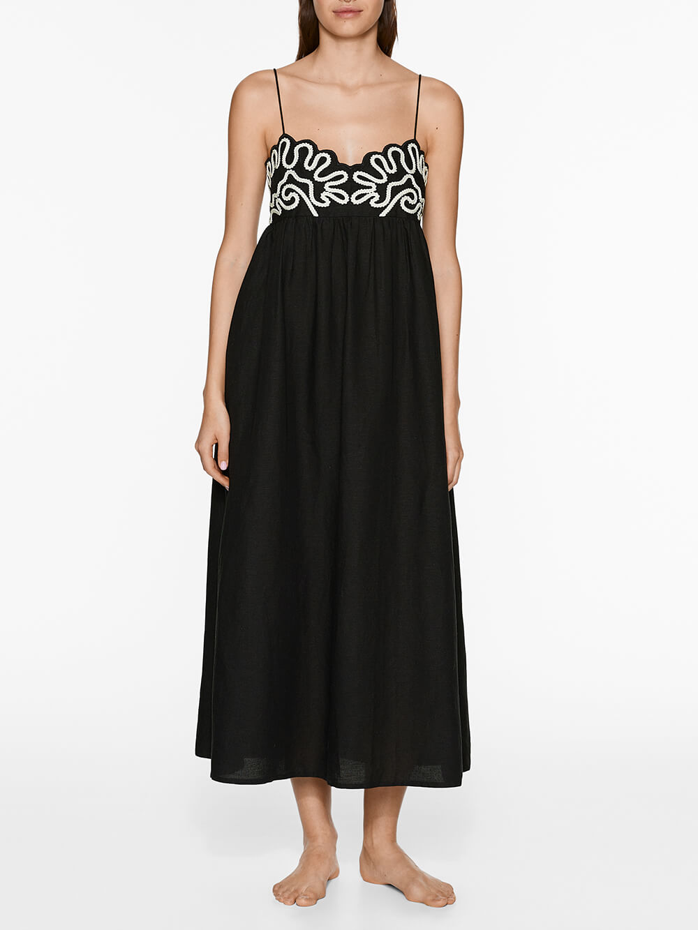 Robe mi-longue à bretelles en patchwork floral en lin classique