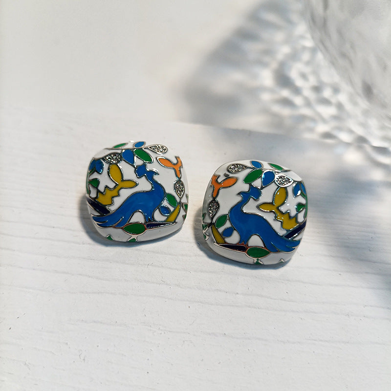 Enamel Flower and Bird Earrings Multicolored Enamel Square Earrings