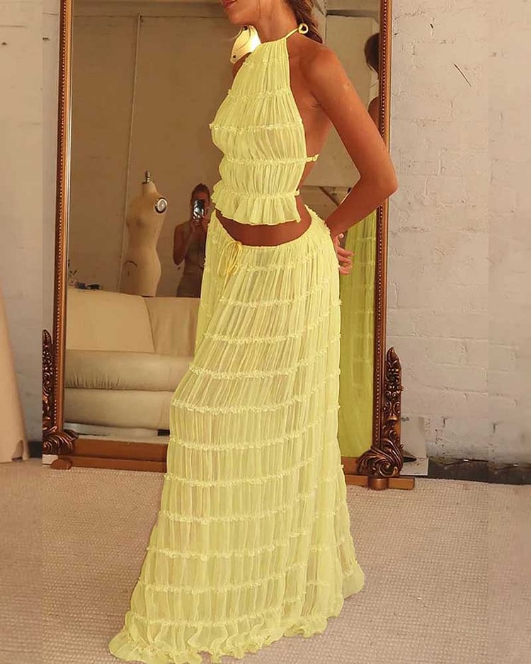 Open Back Hanging Neck Strap Pleated Lace Lace Lace Vest Long Skirt Set