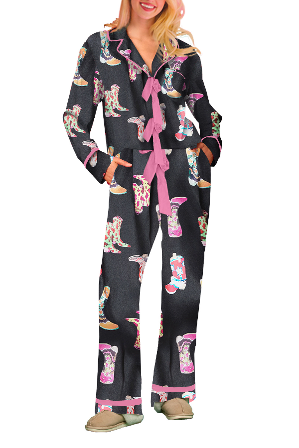 Fashionable Christmas Holiday Lapel Neck Bow Neck Women Pajams Set