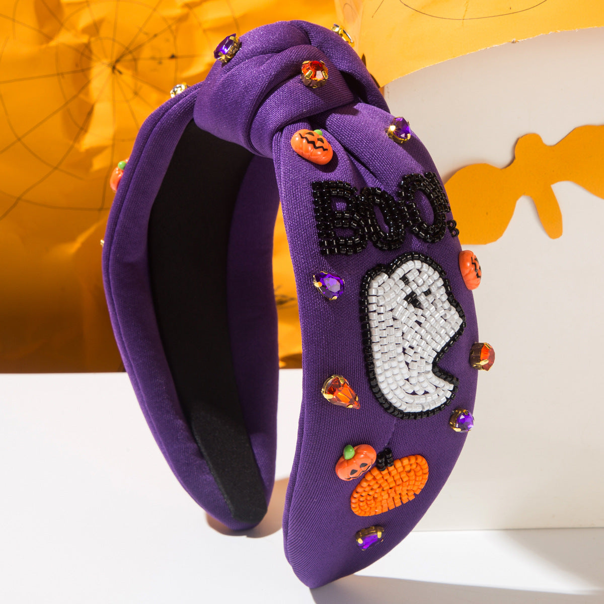 Diamond-encrusted BOO Ghost Pumpkin Headband