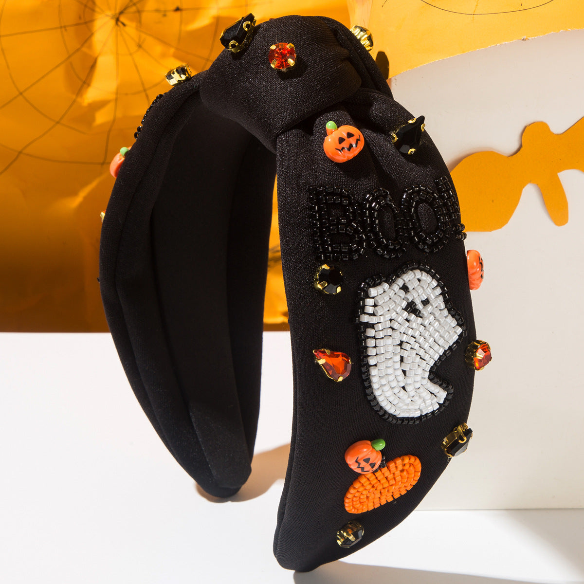 Diamond-encrusted BOO Ghost Pumpkin Headband