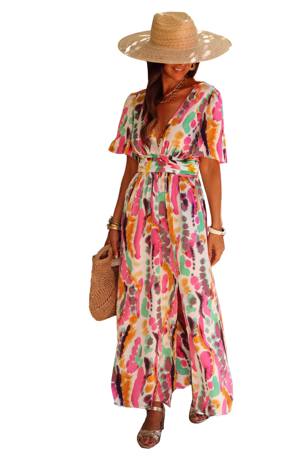 Robe longue rose à col en V et imprimé tie-dye style bohème