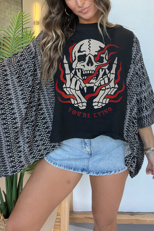 Halloween Flame Skull Print T-Shirt (No Back Pocket)