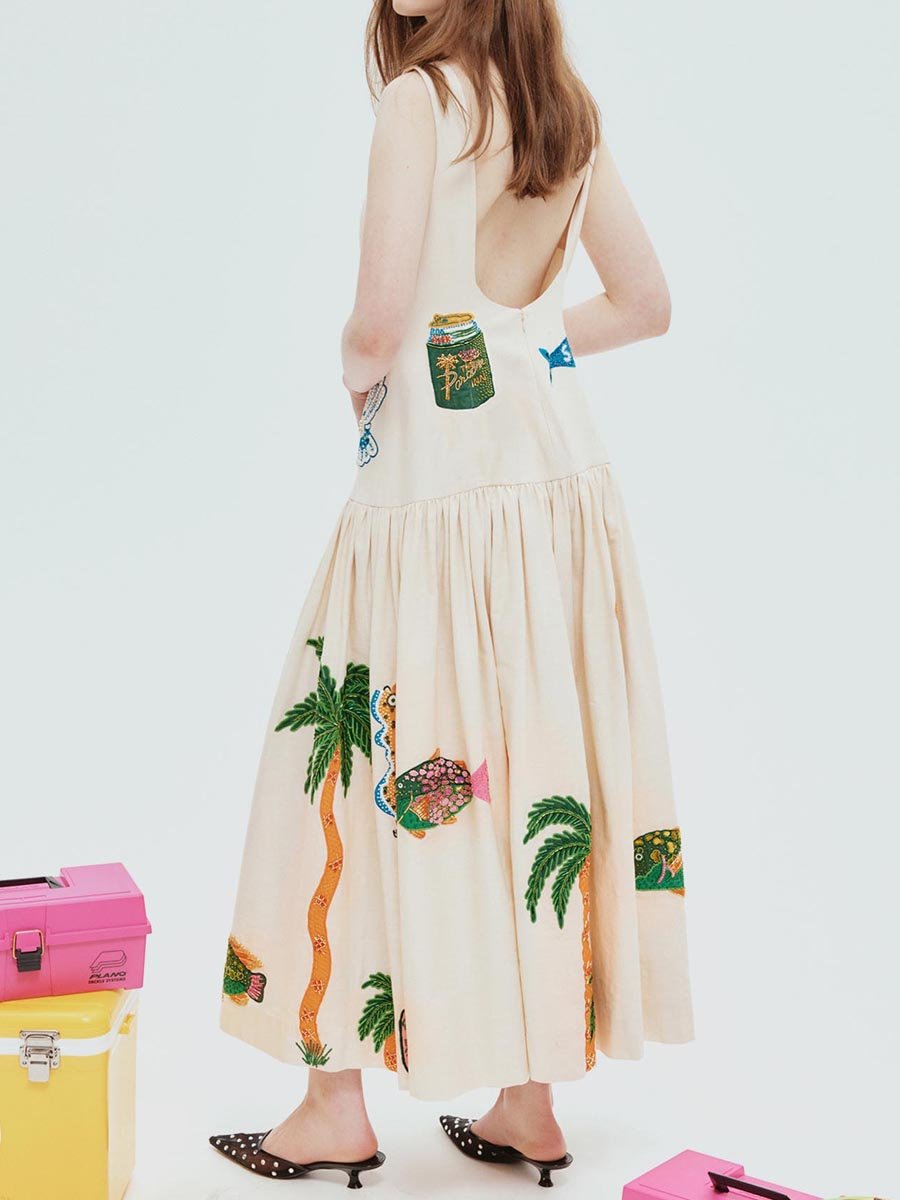 Robe taille basse sans manches à imprimé brodé