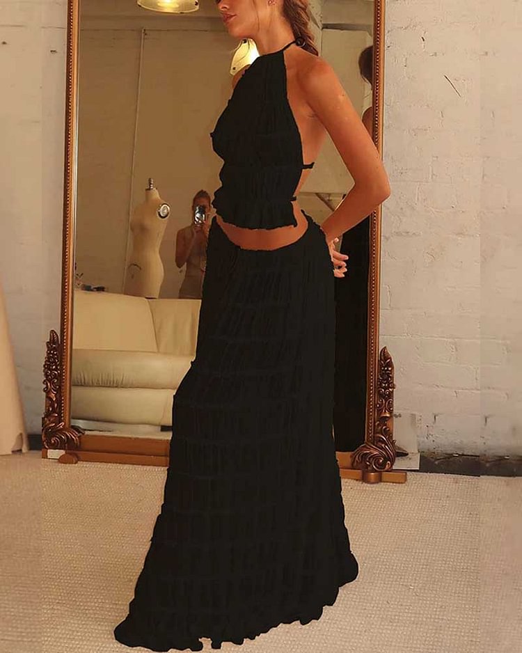Open Back Hanging Neck Strap Pleated Lace Lace Lace Vest Long Skirt Set