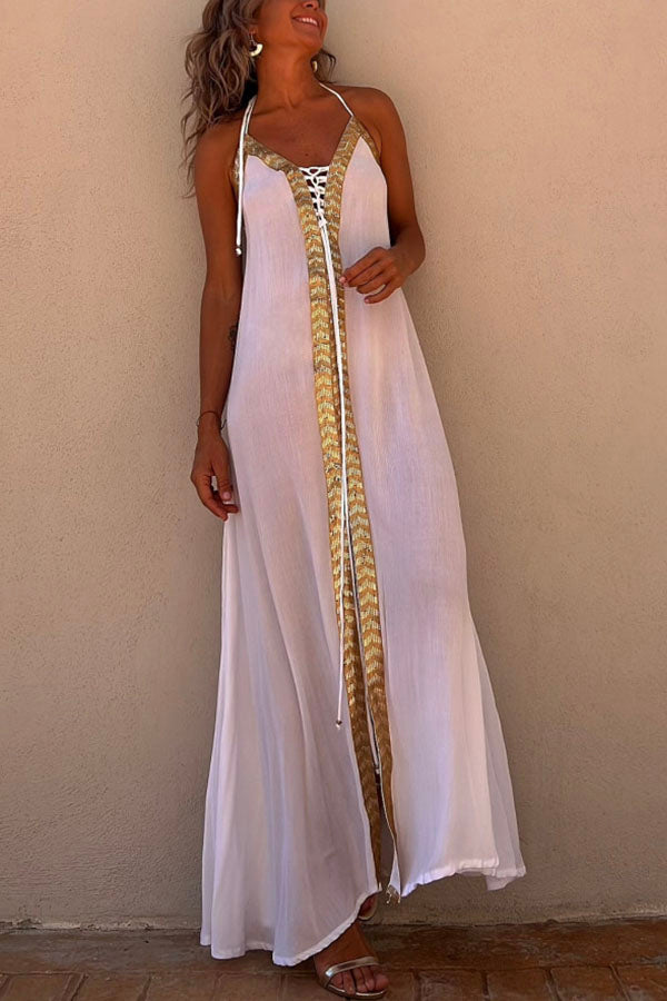 Robe longue à lacets et bordures à sequins Del Mar avec dos élastiqué et licou