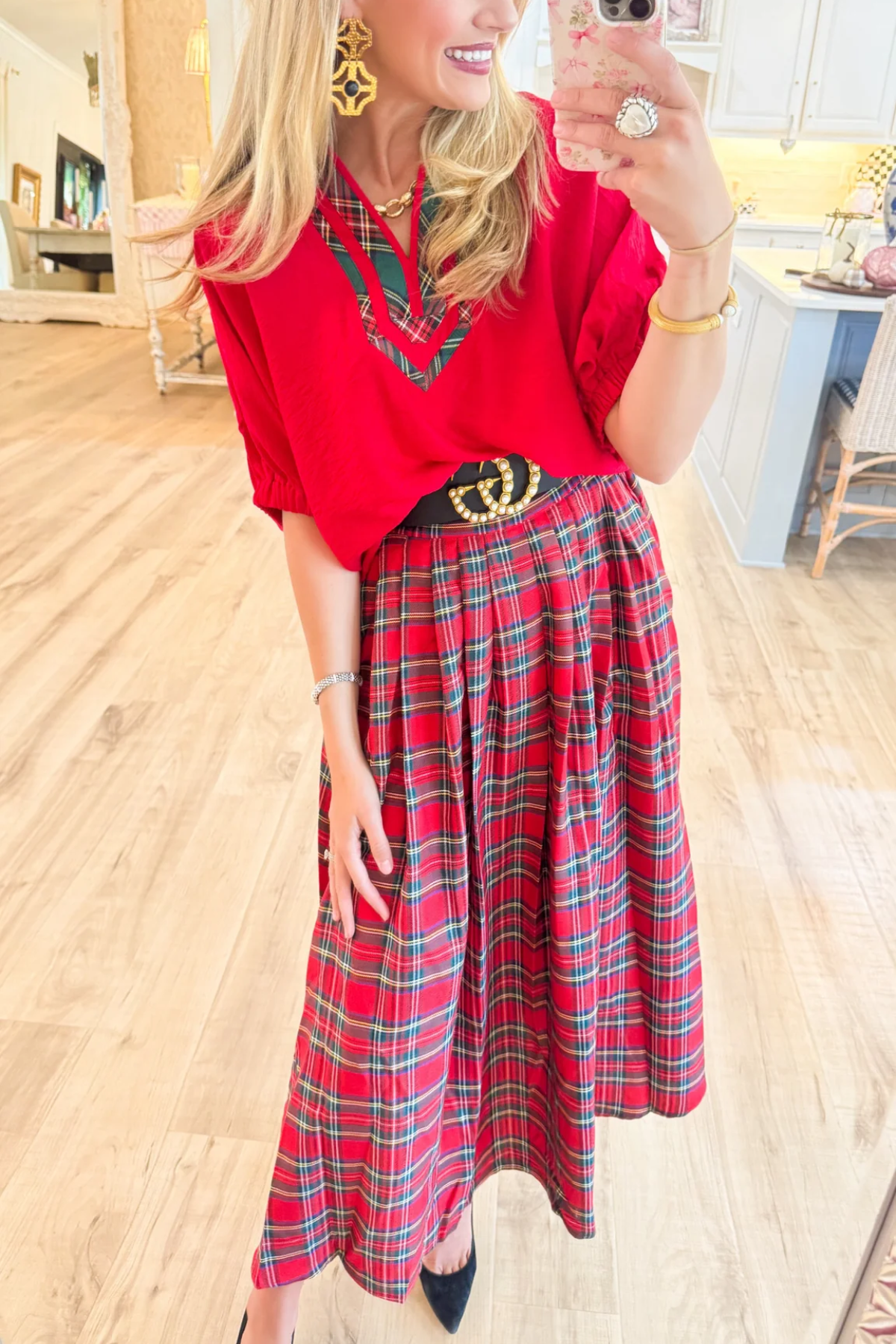 Red Multi Plaid Midi Skirt