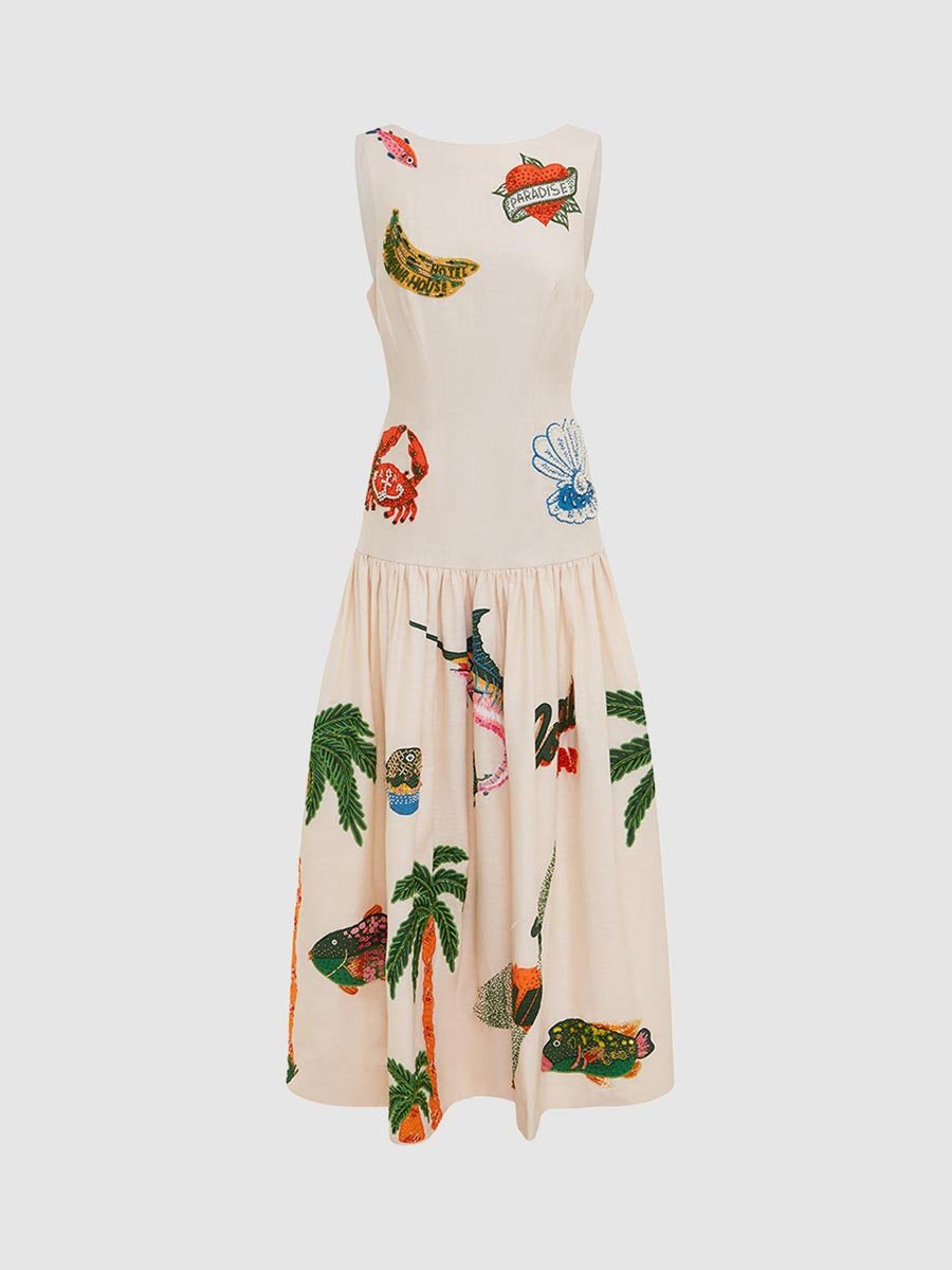 Robe taille basse sans manches à imprimé brodé