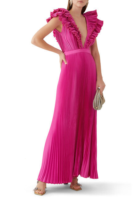 Robe longue plissée à col en V