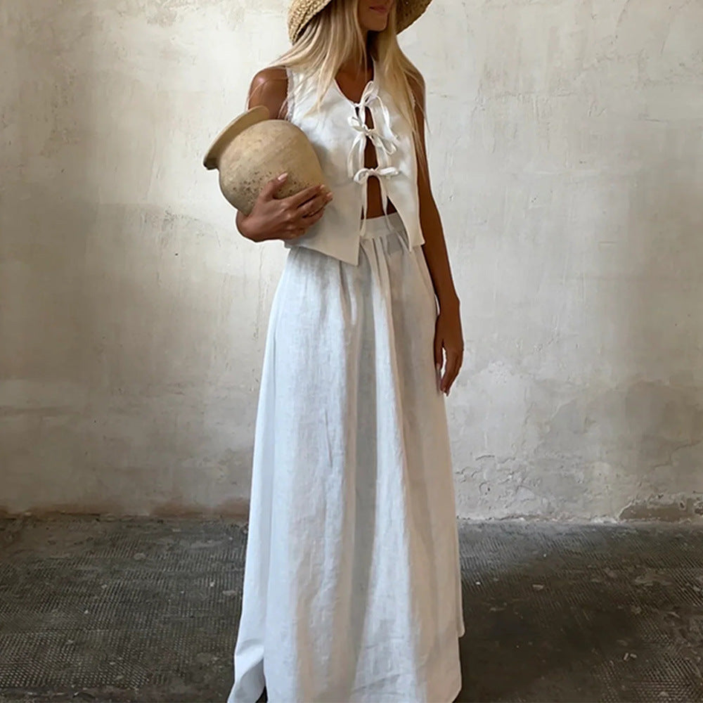 Ensemble jupe longue sans manches à lacets en coton et lin pour femme