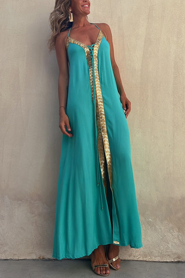 Robe longue à lacets et bordures à sequins Del Mar avec dos élastiqué et licou