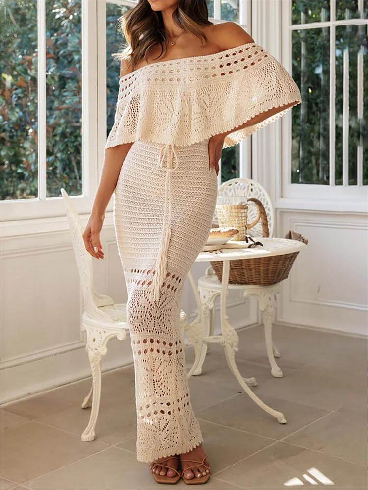 Robe longue de vacances slim à épaules dénudées en crochet