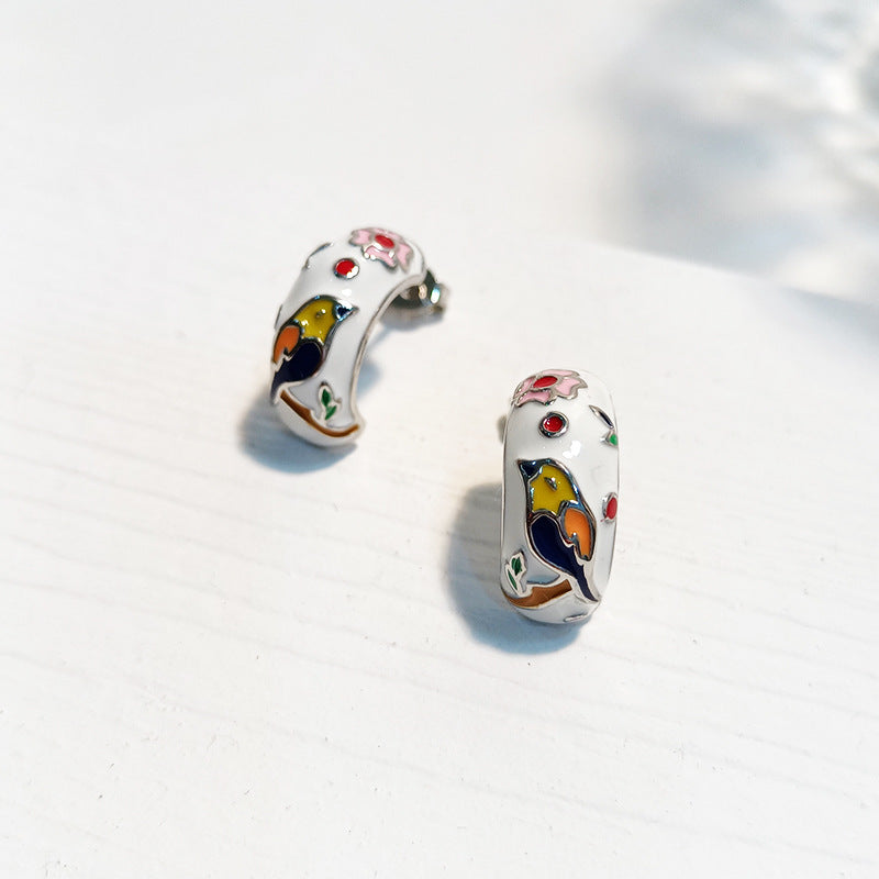 Enamel Flower and Bird Earrings