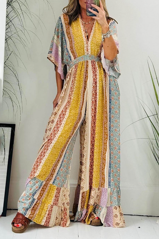 Retro Floral Flare Sleeve Pocketed Loose Wide Leg Jumpsuit