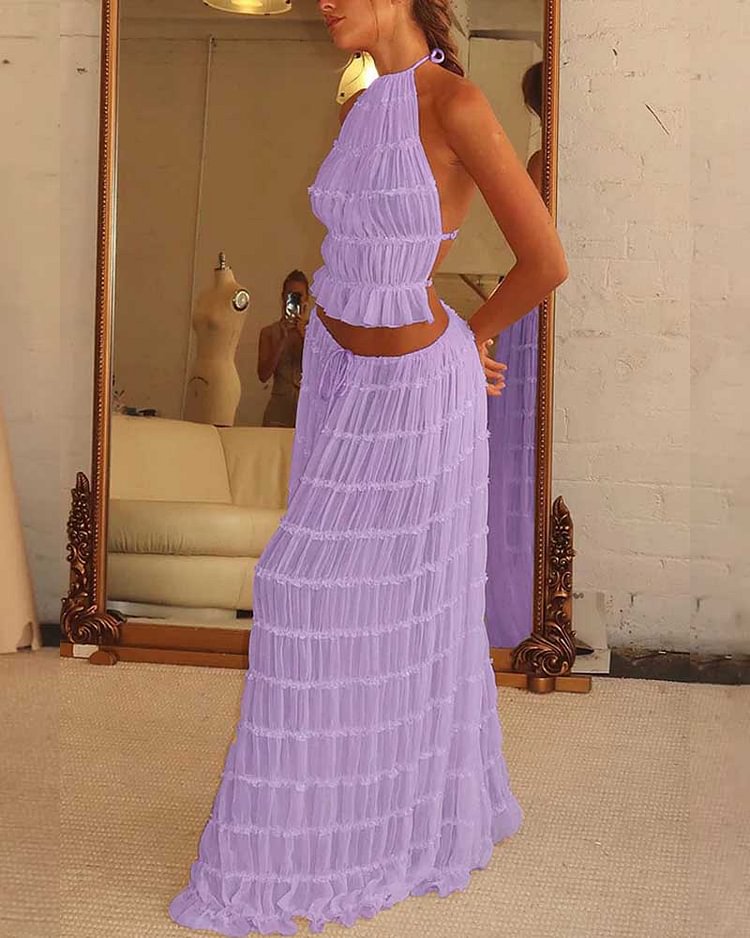 Open Back Hanging Neck Strap Pleated Lace Lace Lace Vest Long Skirt Set