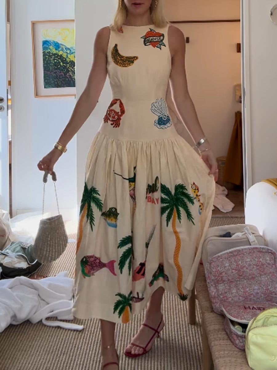 Robe taille basse sans manches à imprimé brodé