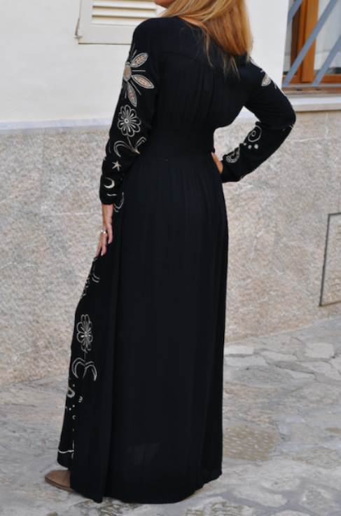 Elegant Retro Long-Sleeved Waist Dress with Star and Moon Print