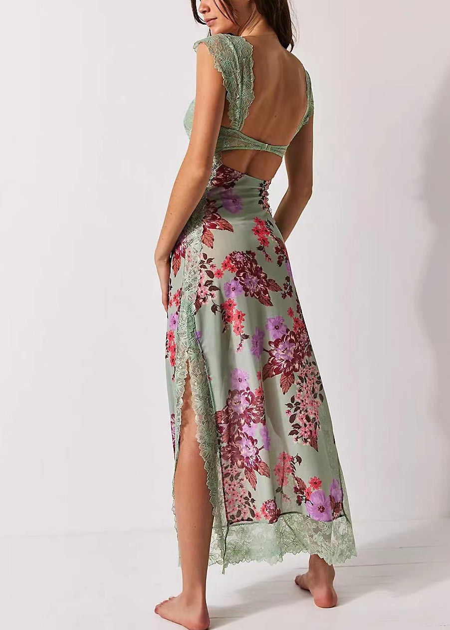 Robe longue imprimée fendue dos nu en dentelle verte