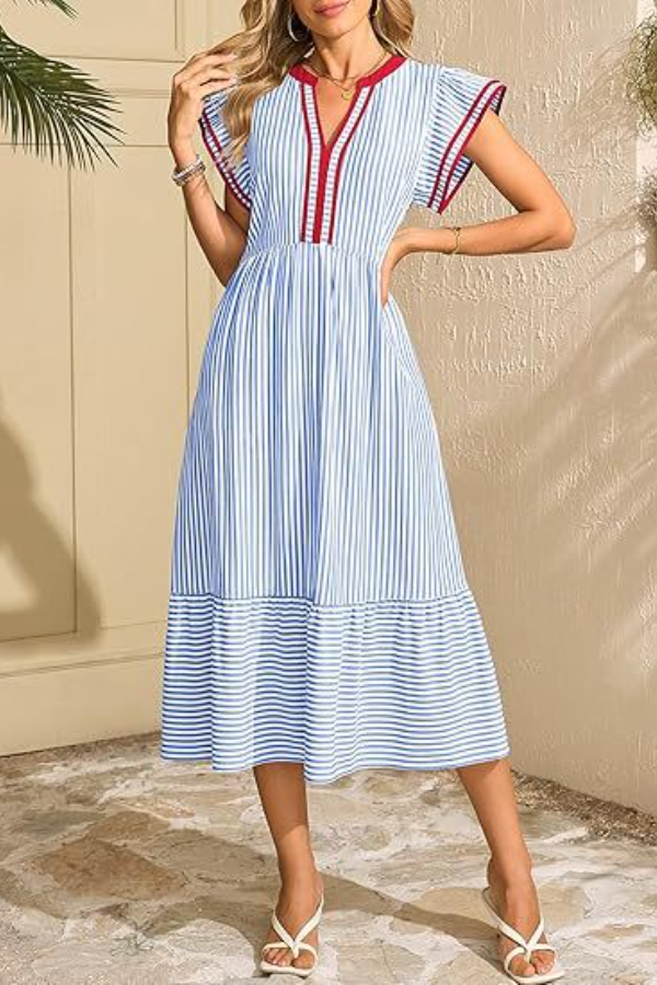 Summer V-Neck Ruffle Cap Sleeve Empire Waist Flowy Striped Beach Midi Maxi Dress