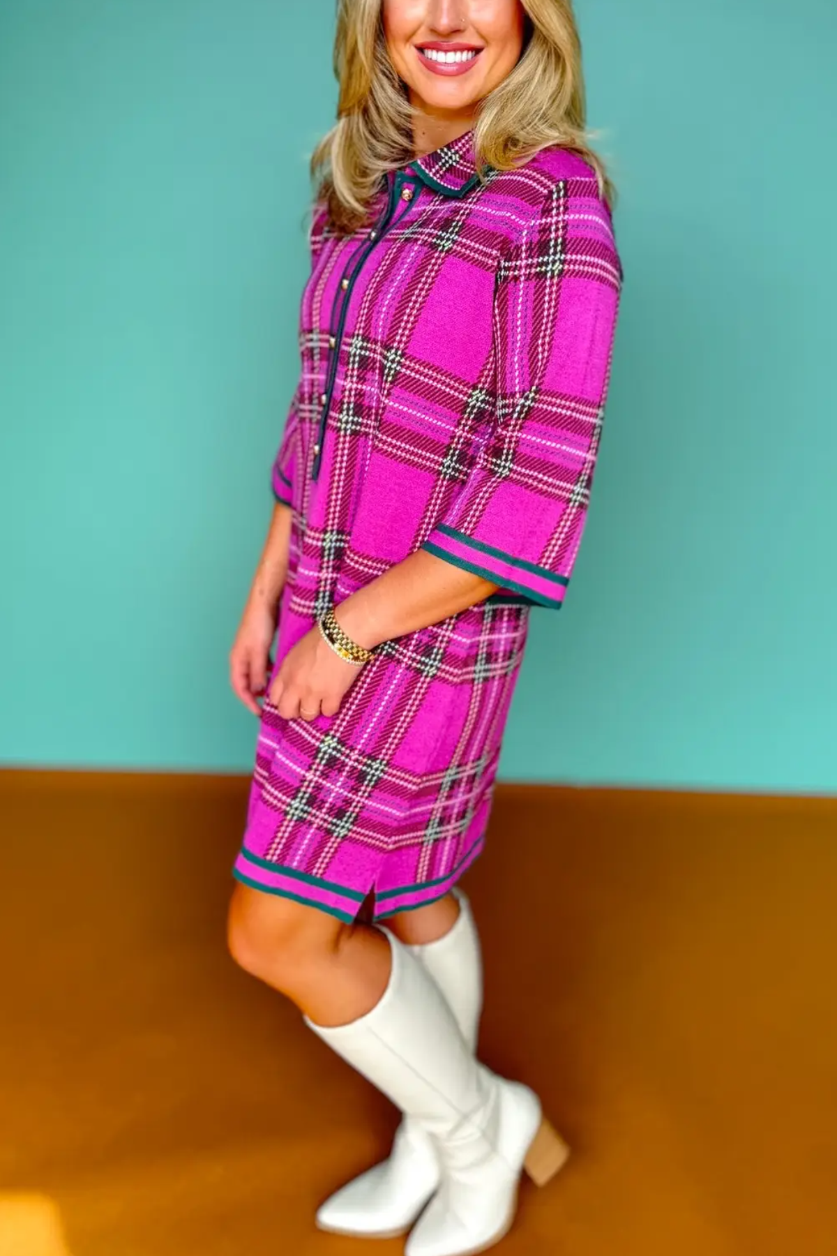 Eleanor Knit Dress In Pink Plaid