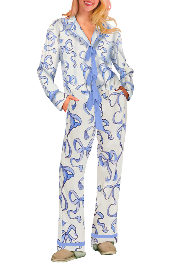 Fashionable Christmas Holiday Lapel Neck Bow Neck Women Pajams Set