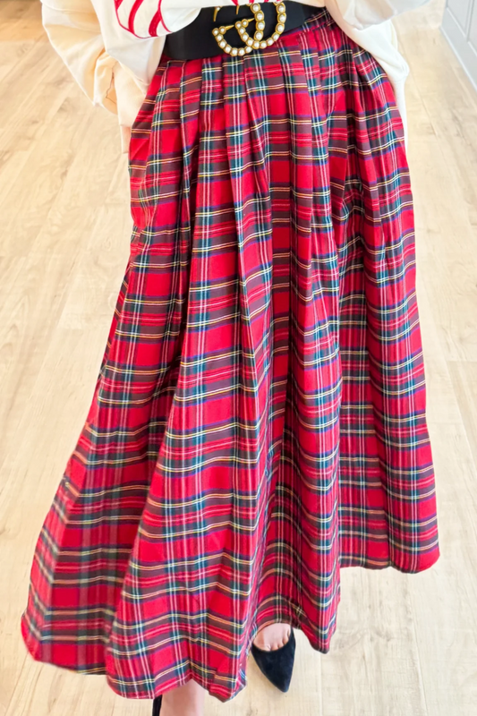 Red Multi Plaid Midi Skirt