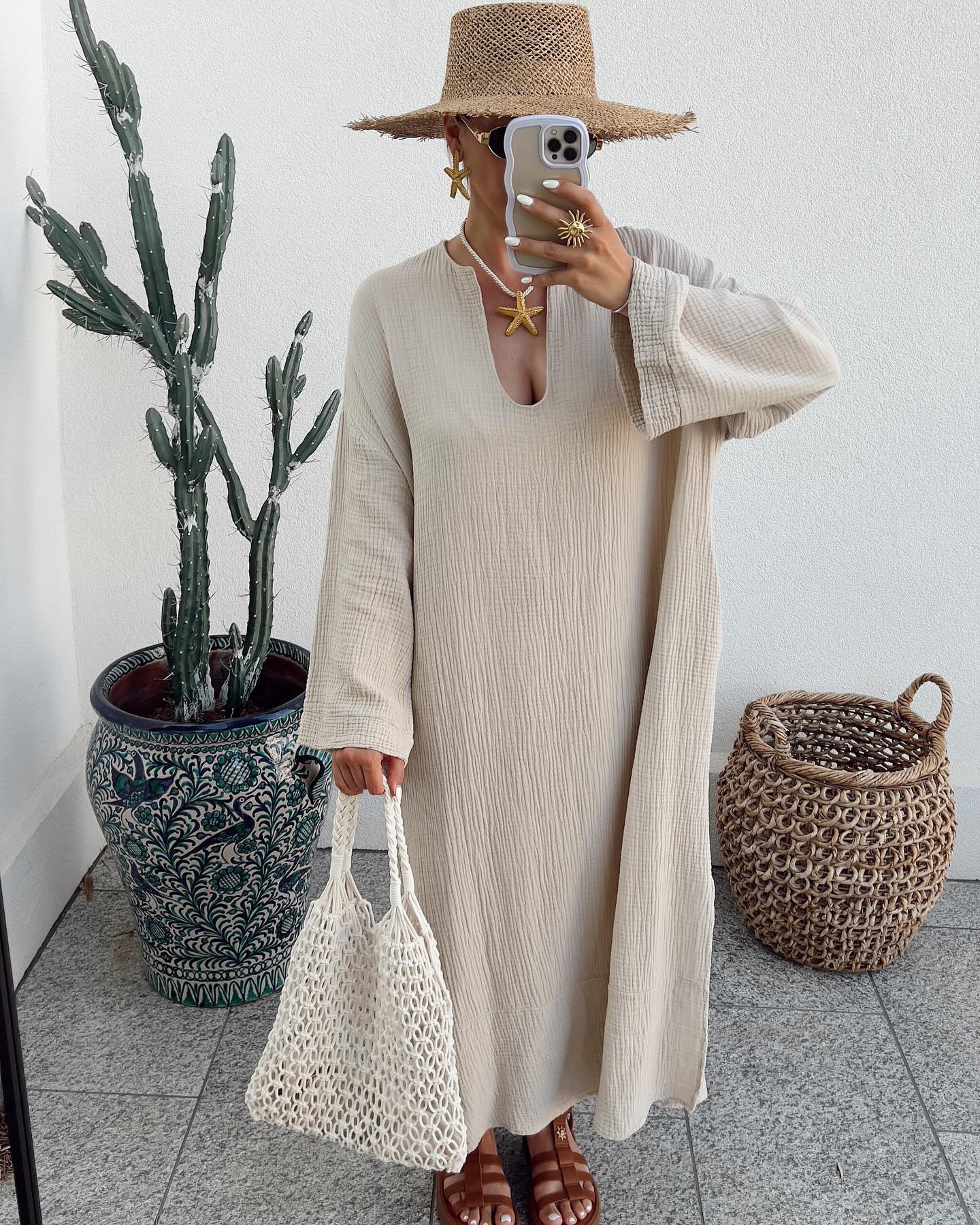 Robe unie à manches longues en coton et lin