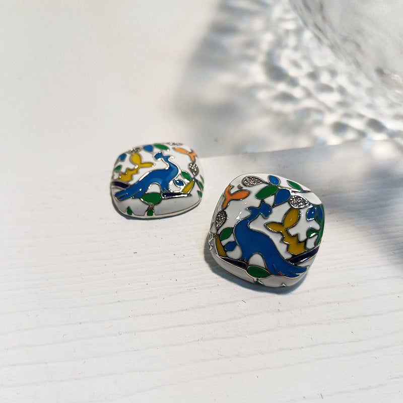 Enamel Flower and Bird Earrings Multicolored Enamel Square Earrings