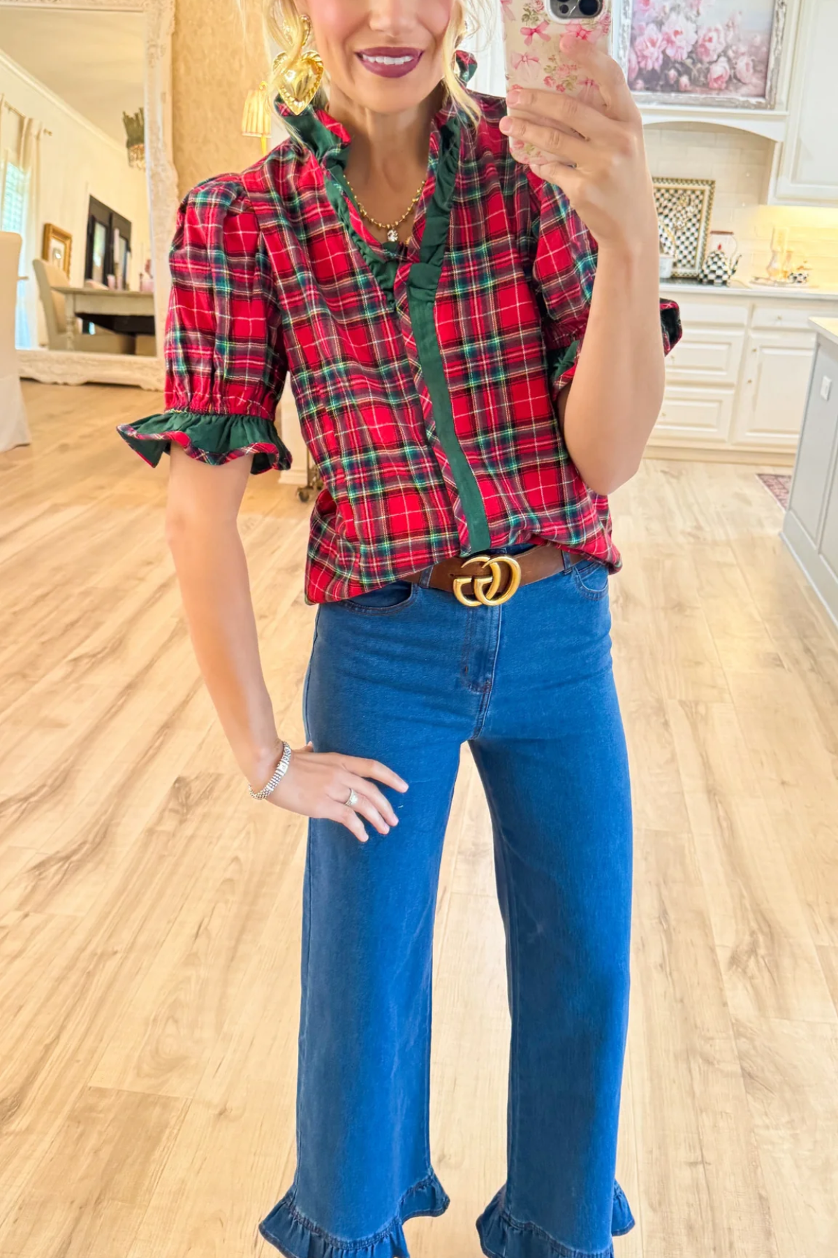 Red Plaid Puff Sleeve Ruffle Trim Blouse