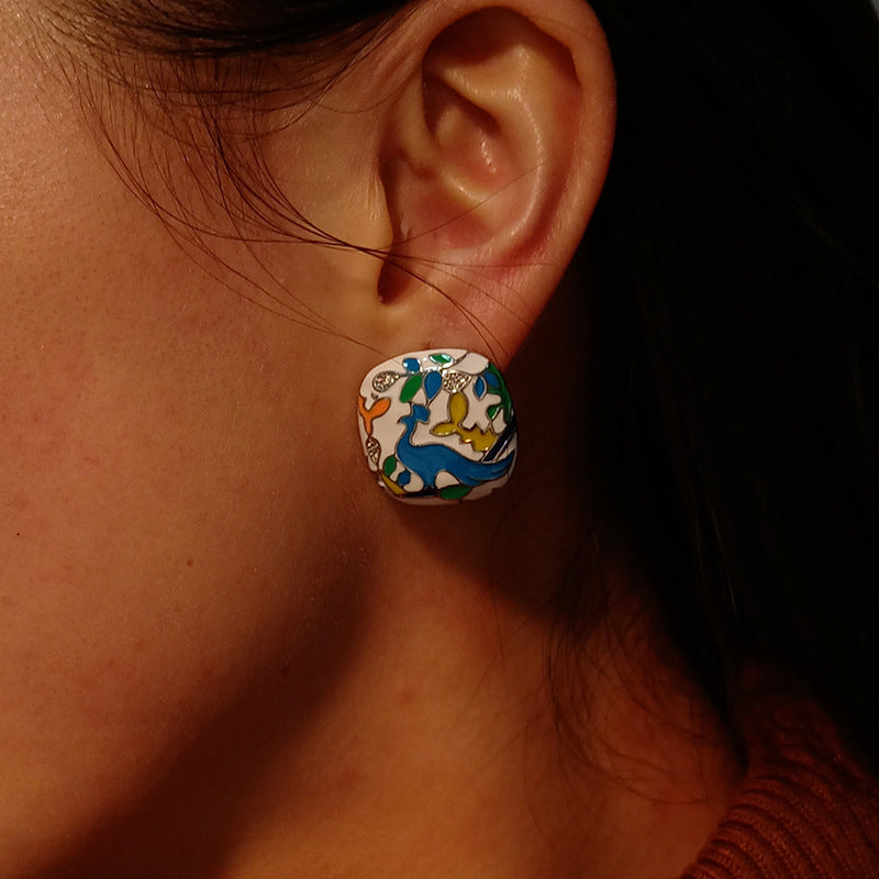 Enamel Flower and Bird Earrings Multicolored Enamel Square Earrings