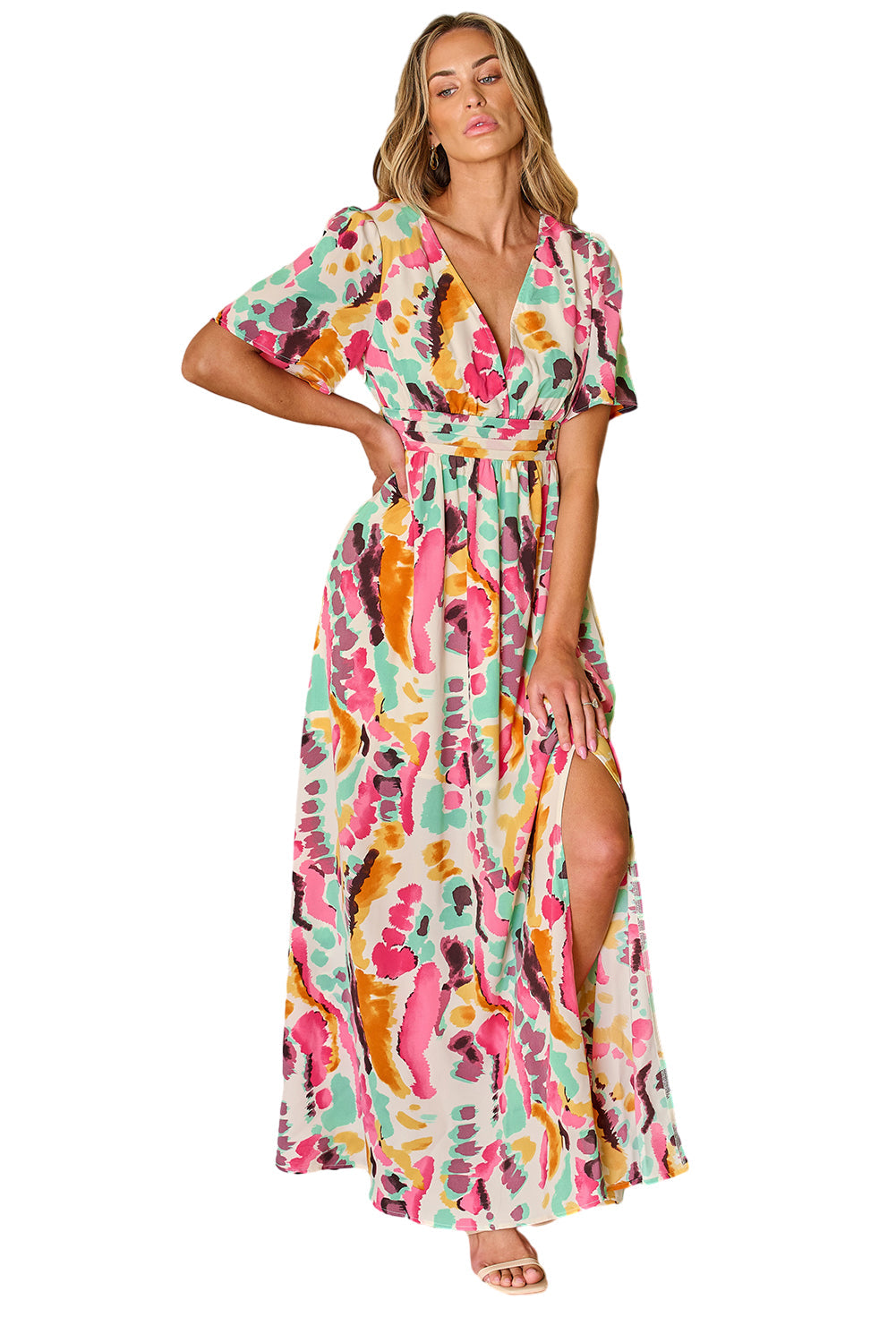 Robe longue rose à col en V et imprimé tie-dye style bohème