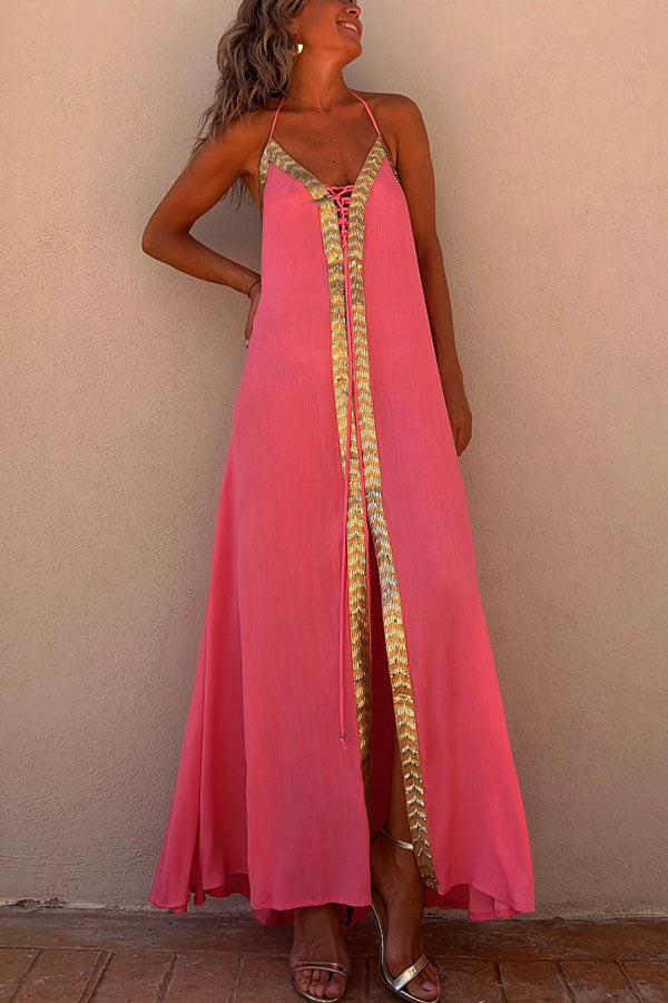 Robe longue à lacets et bordures à sequins Del Mar avec dos élastiqué et licou
