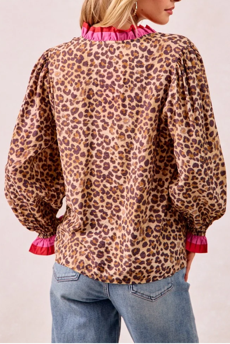 Long Sleeve Leopard Print Top with Contrasting Wavy Trim in Leopard
