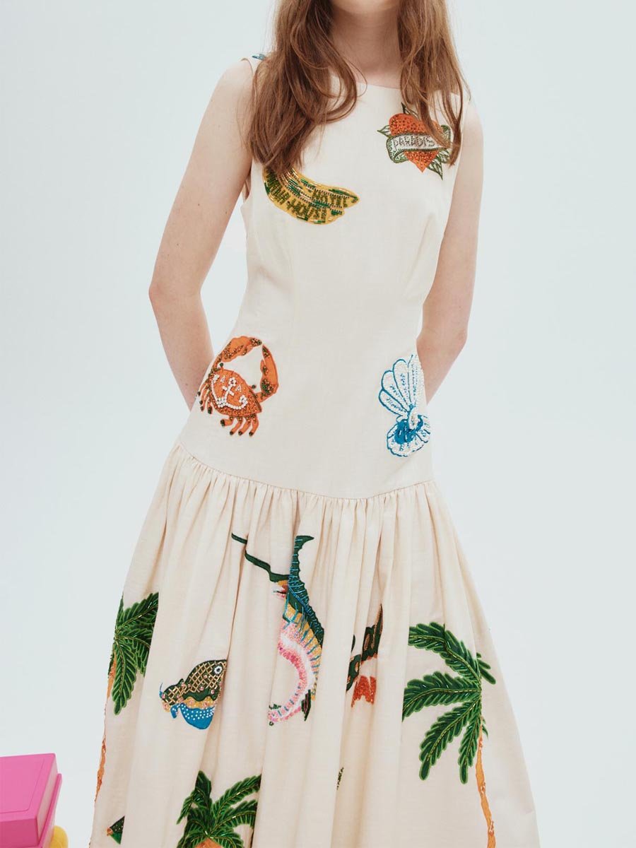 Robe taille basse sans manches à imprimé brodé
