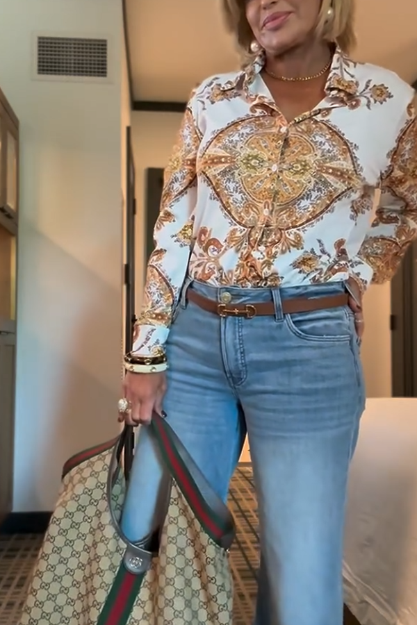 Lapel Neck Casual Print Shirt Blouse Women