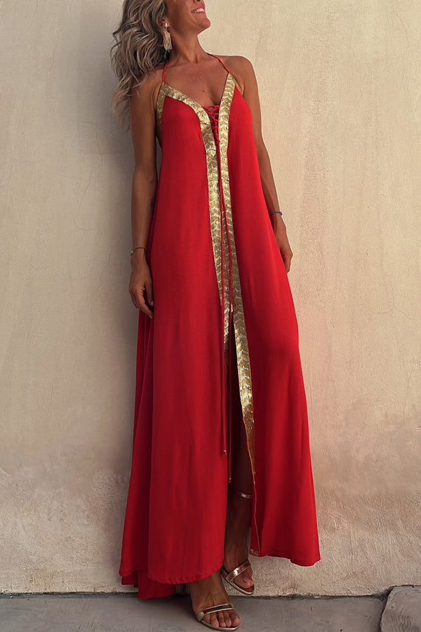 Robe longue à lacets et bordures à sequins Del Mar avec dos élastiqué et licou