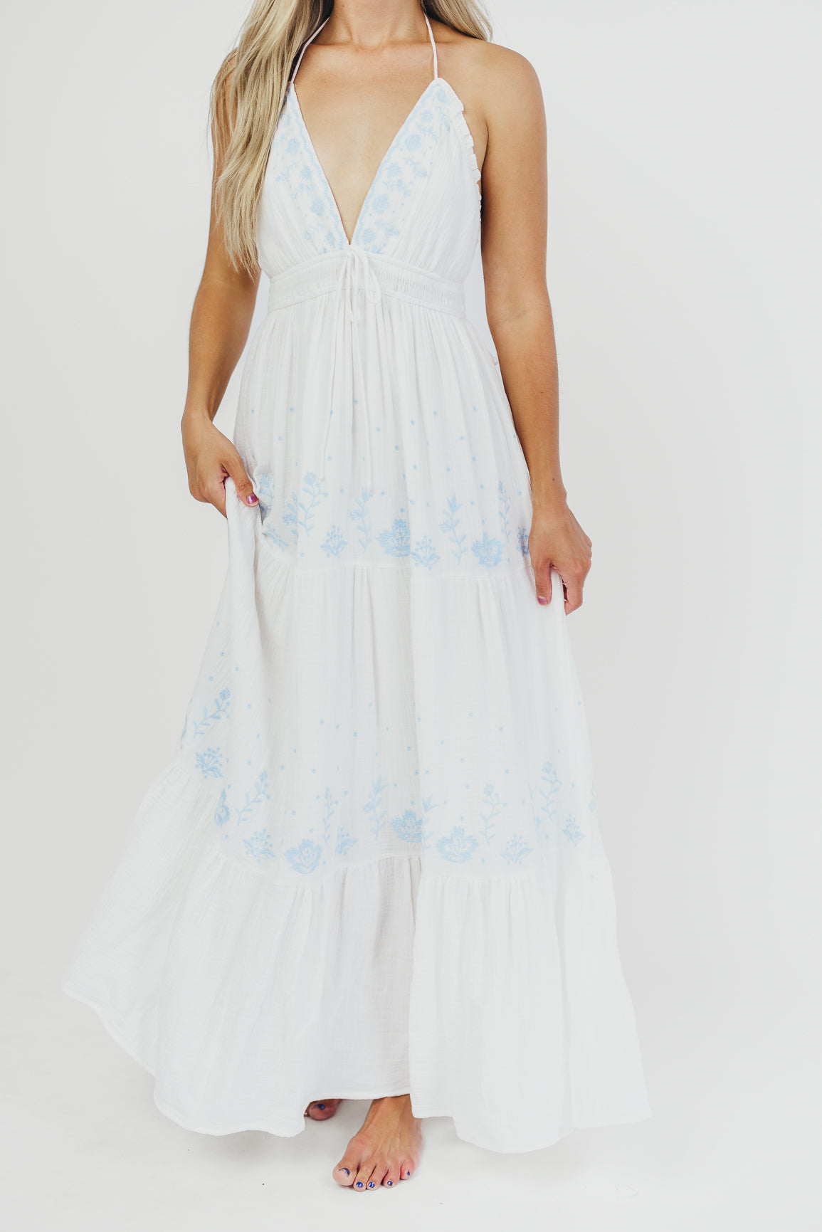 Robe longue brodée Lena (blanc cassé)