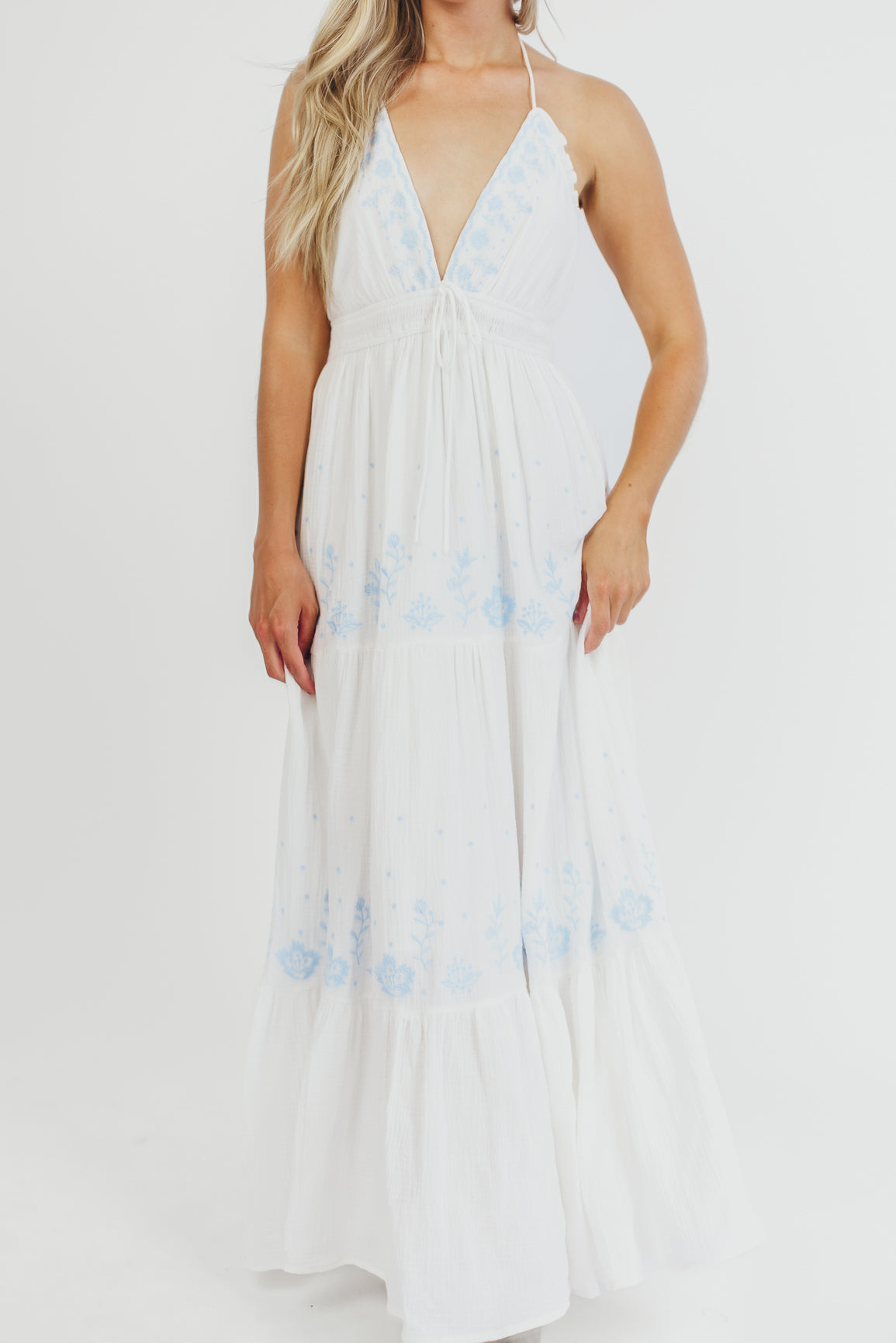 Robe longue brodée Lena (blanc cassé)