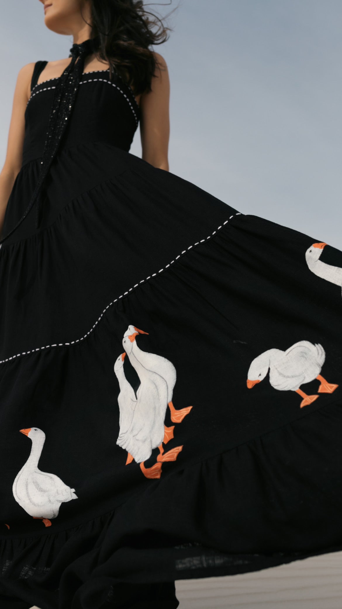 Robe longue à imprimé oie noire
