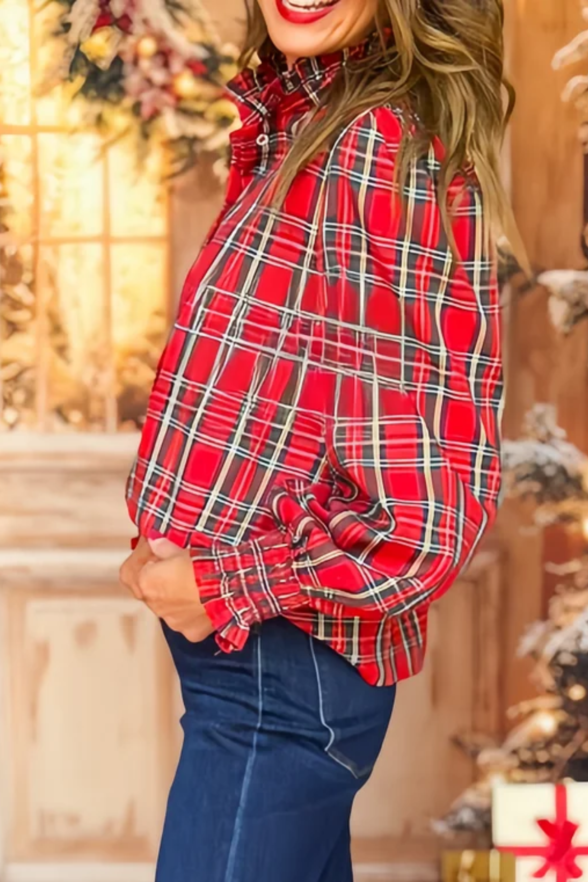 Plaid Puff Smocked Long Sleeve Button Down Top In Red